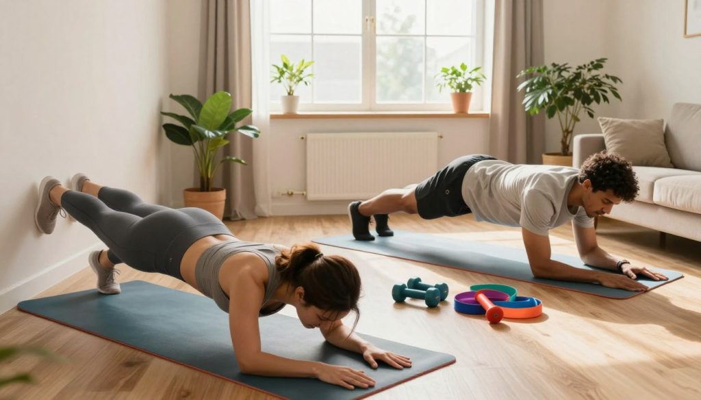A cozy, well-lit living room setting where a diverse group of individuals, dressed in comfortable athletic wear, is actively engaged in beginner-friendly home workouts. In the foreground, a woman is performing a gentle yoga pose on a colorful mat, while a man next to her is doing simple bodyweight exercises, like push-ups, against a wall. The middle ground features a small assortment of workout equipment, like dumbbells and resistance bands, neatly organized. In the background, a large window allows warm, natural light to flood the room, creating a cheerful and motivating atmosphere. Potted plants add a touch of greenery, enhancing the inviting, energetic vibe of home fitness. The overall composition feels fresh, encouraging, and uplifting, making fitness feel accessible for everyone.