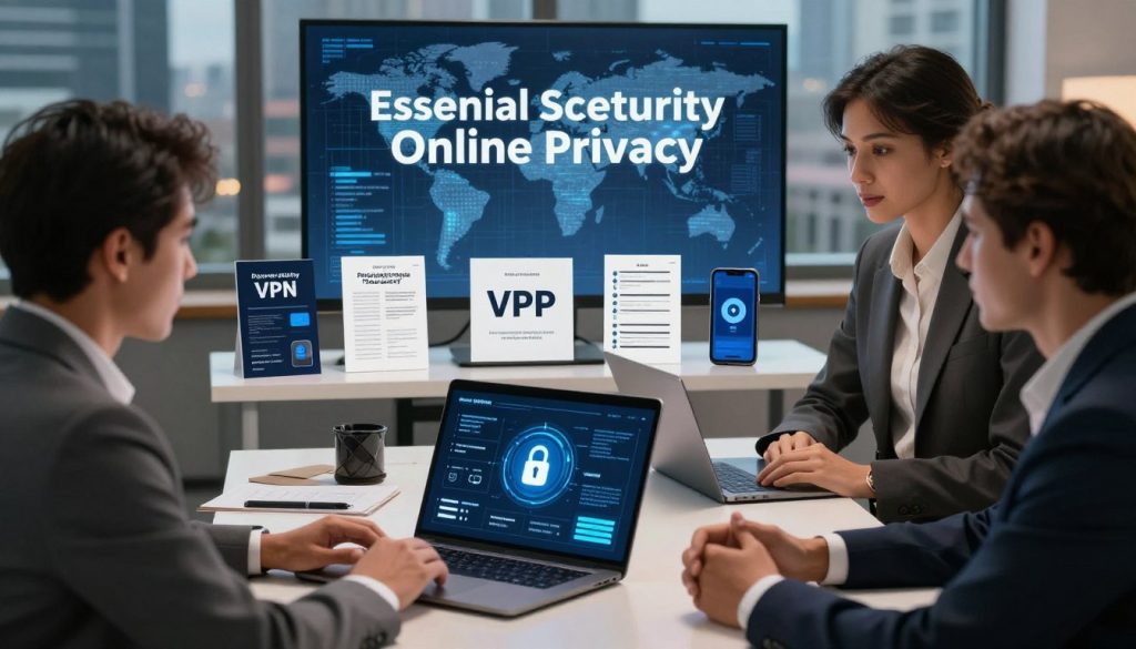 A digital workspace scene illustrating essential strategies for protecting online privacy. In the foreground, a diverse group of three professionals, dressed in smart business attire, are engaged in discussion around a laptop displaying a security interface. The middle layer features a sleek, modern desk cluttered with digital privacy tools like VPN brochures, password managers, and a smartphone with a lock icon. In the background, a window reveals a cityscape, subtly symbolizing the vast digital world. Soft, ambient lighting casts a warm glow, enhancing the safety and collaborative atmosphere. The focus is on the importance of cybersecurity, with a blend of technology and human connection, creating an informative and engaging visual representation.