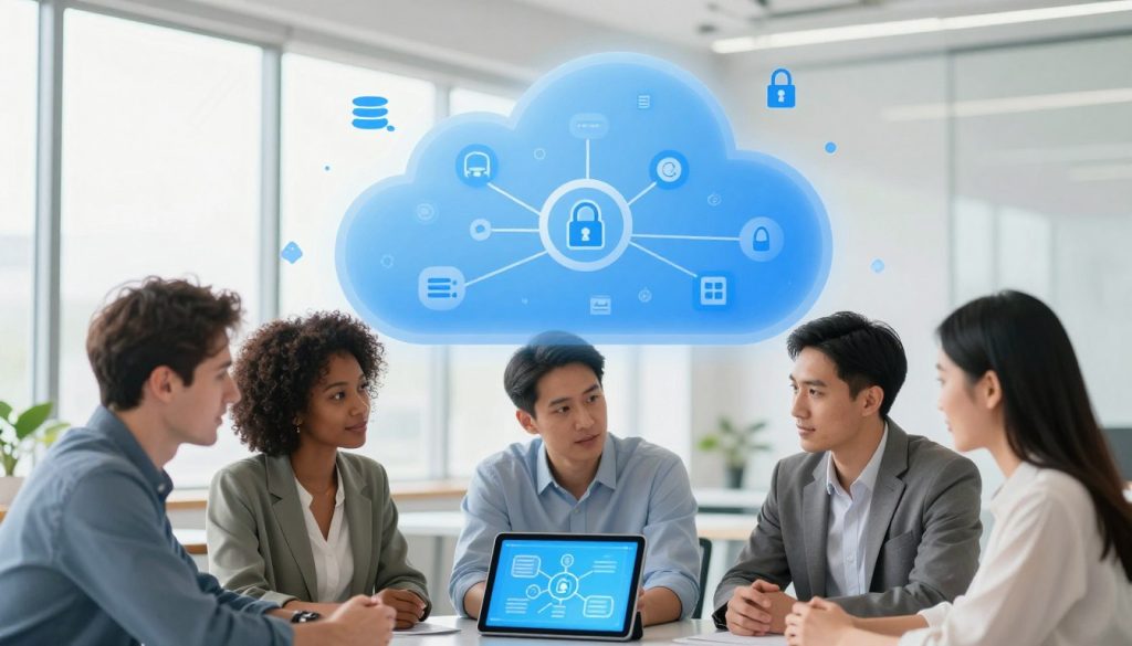 A visually engaging and simplified illustration of cloud computing concepts. In the foreground, show a professional, diverse team of three individuals—one Caucasian man, one Black woman, and one Asian woman—discussing a vibrant cloud diagram on a digital tablet. The middle ground features a large, semi-transparent cloud symbol filled with key icons representing data storage, security, and connectivity. In the background, depict a bright and modern office setting with large windows letting in natural light, softening the edges with a slight blur to draw attention to the team and the cloud graphic. The mood is collaborative and educational, radiating an atmosphere of innovation and clarity in understanding technology. A visually engaging and simplified illustration of cloud computing concepts. In the foreground, show a professional, diverse team of three individuals—one Caucasian man, one Black woman, and one Asian woman—discussing a vibrant cloud diagram on a digital tablet. The middle ground features a large, semi-transparent cloud symbol filled with key icons representing data storage, security, and connectivity. In the background, depict a bright and modern office setting with large windows letting in natural light, softening the edges with a slight blur to draw attention to the team and the cloud graphic. The mood is collaborative and educational, radiating an atmosphere of innovation and clarity in understanding technology.